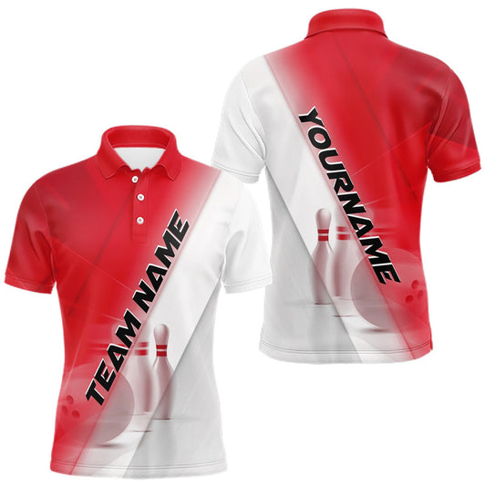 Maxcorners Custom White And Red Men Polo Bowling Tournament Team Shirt With Bowling Ball And Pins