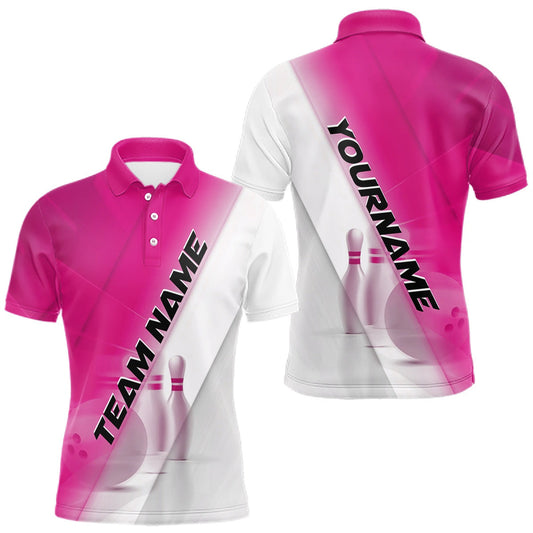 Maxcorners Custom White And Pink Men Polo Bowling Tournament Team Shirt With Bowling Ball And Pins