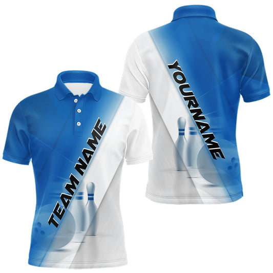 Maxcorners Custom White And Blue Men Polo Bowling Tournament Team Shirt With Bowling Ball And Pins