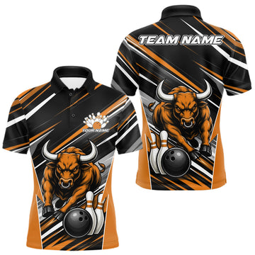Maxcorners Custom Black And Orange Bull Bowling Team Men Polo Shirt, Bull Bowling Jerseys
