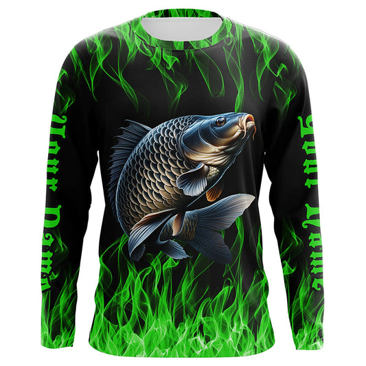 Maxcorners Green Flame Custom Carp Long Sleeve Tournament Fishing Shirts, Carp Uv Protection Fishing Shirt LM0201
