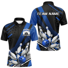 Maxcorners Custom Black And Blue Bowling Team Jerseys, Striking Bowling League Polo Shirt For Men MT0609