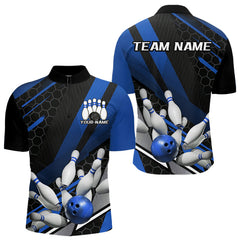 Maxcorners Custom Black And Blue Bowling Team Jerseys, Striking Bowling League Polo Shirt For Men MT0609