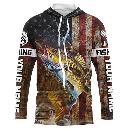 Maxcorners Personalized American Flag Walleye Fishing Shirts,Vintage Patriotic Walleye Fishing Apparel LM0501