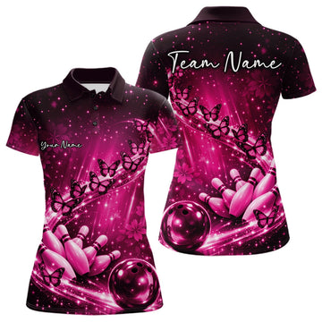 Custom Pink Butterfly Bowling Women Polo Team Shirt, Ladies Bowling League Shirt LM1203