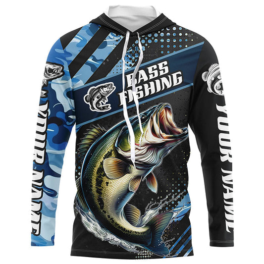 Maxcorners Personalized Blue Camo Bass Fishing Jerseys, Largemouth Bass Long Sleeve Tournament Fishing Shirts LM0201