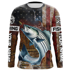Maxcorners Custom Striped Bass Long Sleeve Fishing Shirts For Men, Patriotic Amerian Flag Striper Fishing Shirt LM2408