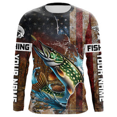 Maxcorners Custom Pike Long Sleeve Fishing Shirts For Men, Patriotic Amerian Flag Pike Fishing Shirt LM2408