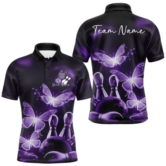 Maxcorners Custom Purple Butterfly Bowling Polo Shirts For Men, Bowling Team Shirt With Butterflies