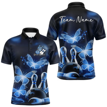 Maxcorners Custom Blue Butterfly Bowling Polo Shirts For Men, Bowling Team Shirt With Butterflies