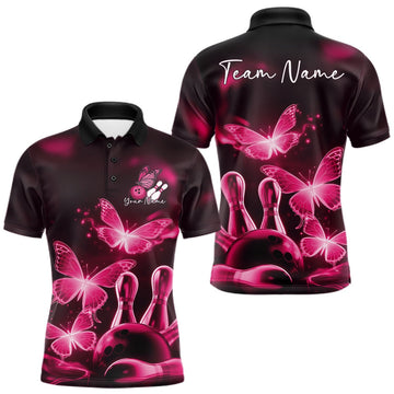 Maxcorners Custom Pink Butterfly Bowling Polo Shirts For Men, Bowling Team Shirt With Butterflies