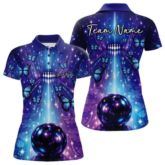 Custom Blue And Purple Galaxy Bowling Lane Butterfly Bowling Team Women Polo Shirt LM1203