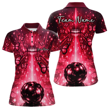 Custom Red Galaxy Bowling Lane Butterfly Bowling Team Women Polo Shirt LM1203