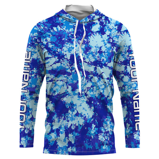Maxcorners Custom Blue Tie dye camo Long Sleeve performance Fishing Shirts, personalized Fishing jerseys LM0201