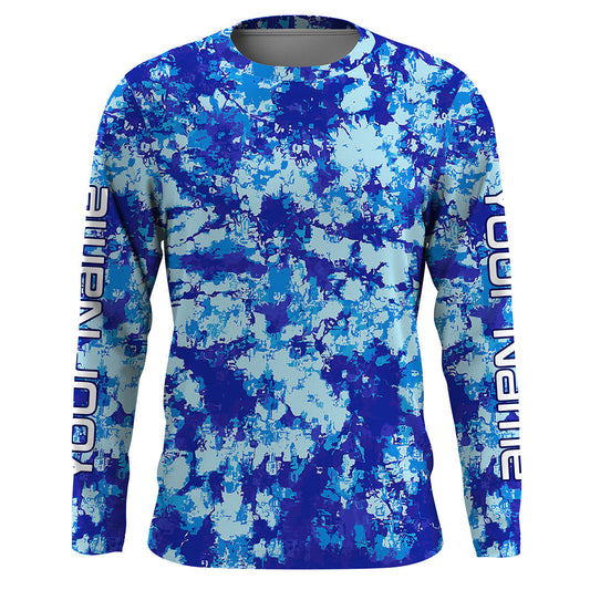 Maxcorners Custom Blue Tie dye camo Long Sleeve performance Fishing Shirts, personalized Fishing jerseys LM0201