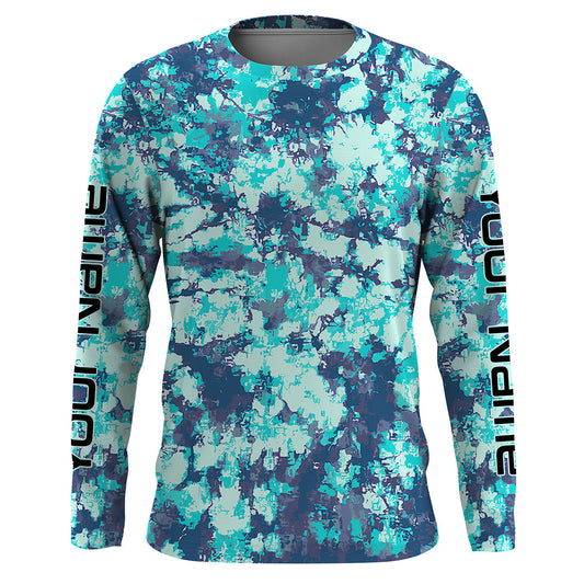 Maxcorners Custom Blue Tie dye camo UV Long Sleeve performance Fishing Shirts, personalized Fishing jerseys  LM0201