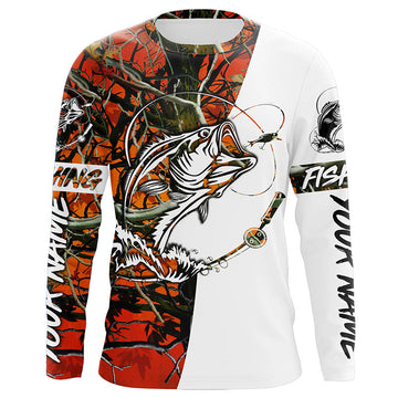 Maxcorners Bass Fishing Custom Long sleeve performance Fishing Shirts, Largemouth Bass Shirts | orange camo LM0201