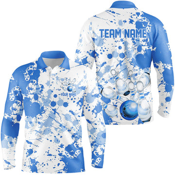 Maxcorners Custom White And Blue Splatter Bowling Long Sleeve Polo Shirts For Men, Bowling Team Shirts LM1903