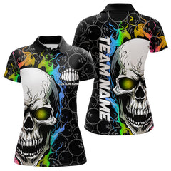 Maxcorners Custom Rainbow Color Flame Skull Bowling Men Polo Shirts, Bowling Pattern Team League Shirt LM0803