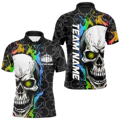 Maxcorners Custom Rainbow Color Flame Skull Bowling Men Polo Shirts, Bowling Pattern Team League Shirt LM0803