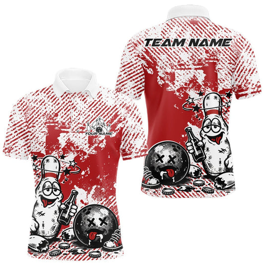 Maxcorners Red Custom Funny Drunk Bowling Ball And Pin Bowling Beer Men Polo Shirt, Bowler Jersey