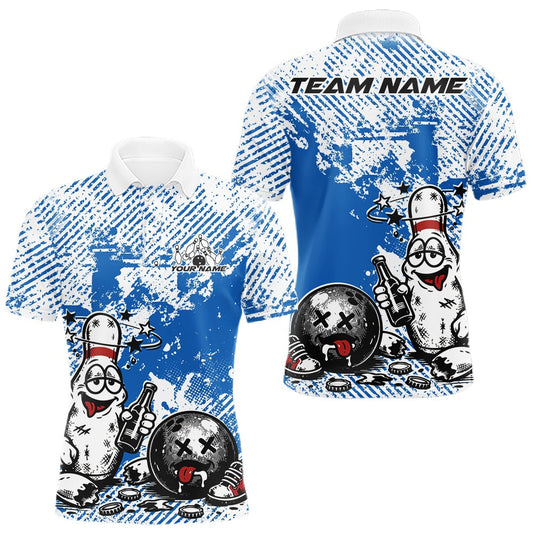 Maxcorners Blue Custom Funny Drunk Bowling Ball And Pin Bowling Beer Men Polo Shirt, Bowler Jersey
