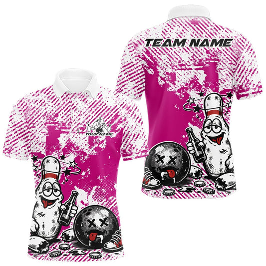 Maxcorners Pink Custom Funny Drunk Bowling Ball And Pin Bowling Beer Men Polo Shirt, Bowler Jersey