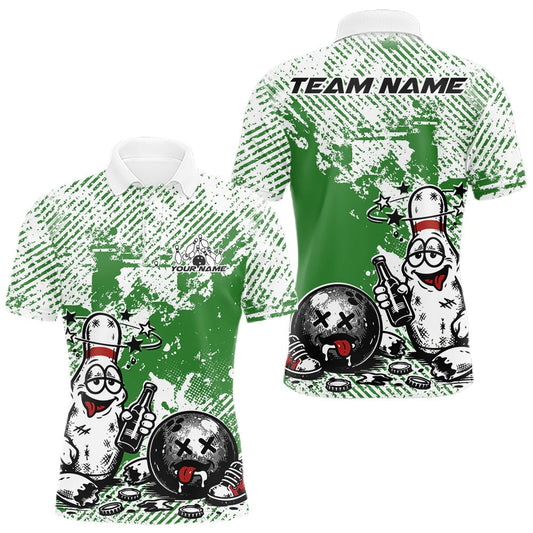 Maxcorners Green Custom Funny Drunk Bowling Ball And Pin Bowling Beer Men Polo Shirt, Bowler Jersey