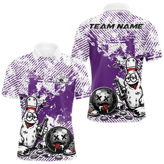 Maxcorners Purple Custom Funny Drunk Bowling Ball And Pin Bowling Beer Men Polo Shirt, Bowler Jersey