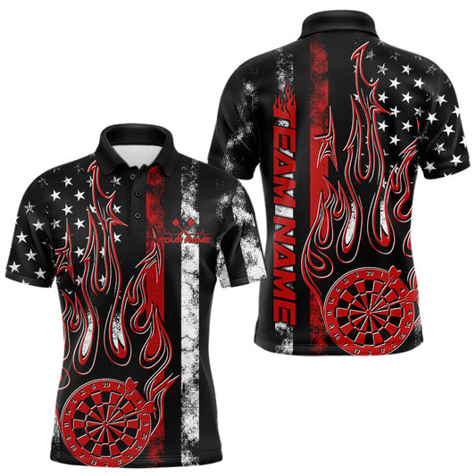 Maxcorners Custom Red Thin Line US Flag Patriotic Flame Dartboard Dart Men Polo Shirts, Dart Jerseys LM1903