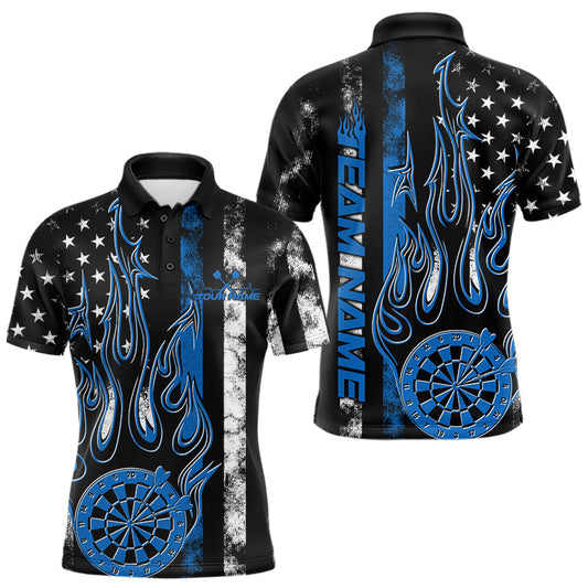 Maxcorners Custom Blue Thin Line US Flag Patriotic Flame Dartboard Dart Men Polo Shirts, Dart Jerseys LM1903