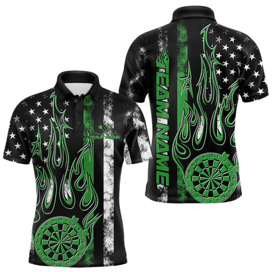 Maxcorners Custom Green Thin Line US Flag Patriotic Flame Dartboard Dart Men Polo Shirts, Dart Jerseys LM1903