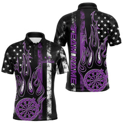 Maxcorners Custom Purple Thin Line US Flag Patriotic Flame Dartboard Dart Men Polo Shirts, Dart Jersey TU1208