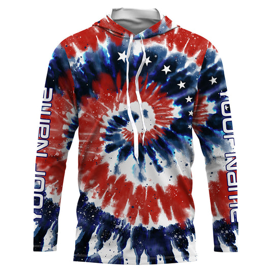 Maxcorners Red White and Blue American Tie dye Flag Custom Long Sleeve Fishing Shirts, Patriotic Fishing Shirts  LM0201
