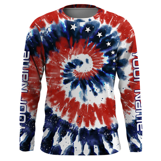 Maxcorners Red White and Blue American Tie dye Flag Custom Long Sleeve Fishing Shirts, Patriotic Fishing Shirts  LM0201