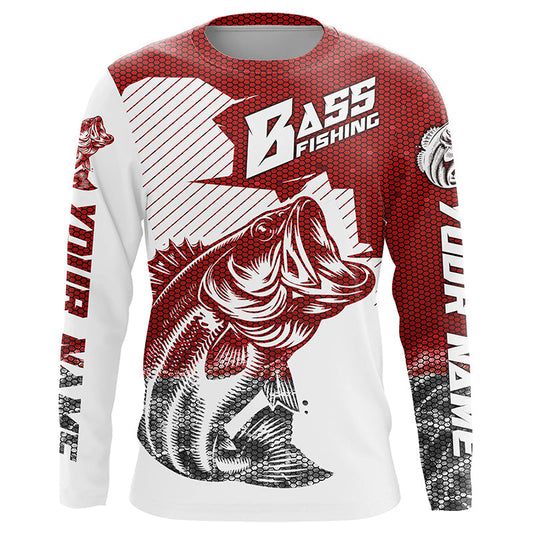 Maxcorners Personalized Bass Fishing Jerseys, Bass Fishing Long Sleeve Fishing Tournament Shirts | Red Camo LM0201