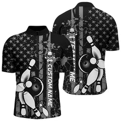 Maxcorners American Flag Black And White Custom Bowling Polo Shirts For Men, Patriotic Bowling Team Jerseys