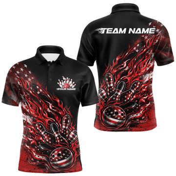 Maxcorners Custom Patriotic Red Flame Bowling Shirts, US Flag Bowling Team Jerseys Freedom 4Th Of July Bowling Shirt 2 LM1501