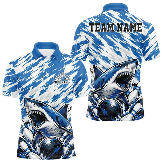 Maxcorners Custom Blue Camo Greate White Shark Bowling Team Polo Shirt For Men, Bowling Jerseys LM1705