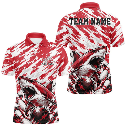 Maxcorners Custom Red Camo Greate White Shark Bowling Team Polo Shirt For Men, Bowling Jerseys LM1705