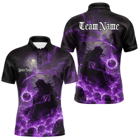 Maxcorners Custom Purple Fire Grim Reaper Bowling Polo Shirts For Men, Halloween Bowling Shirt MT1007