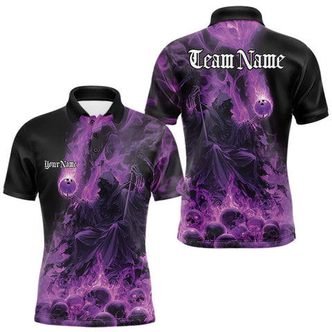 Maxcorners Custom Purple Flame Skull Bowling Polo Shirts, Purple Smoke Bowling Hallween  MT1007