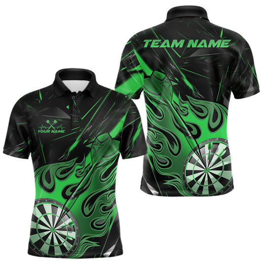 Maxcorners Custom Black And Green Flame Dartboard Dart Polo Shirts For Men, Dart Players Outfits LM1903