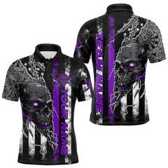 Maxcorners Custom Purple Line American Flag Patriotic Skull Dart Men Polo Shirts, Halloween Dart Outfit TU1208