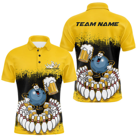 Maxcorners Custom Black And Yellow Funny Bowling Ball Drinking Beer Party Bowling Polo Shirts For Men LM1109
