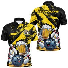 Maxcorners Custom Grunge Yellow Funny Bowling And Beer Polo Shirts For Men, Bowling Team Outfit LM1109