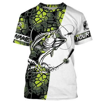Maxcorners Largemouth Bass Fishing Custom Long Sleeve Shirts, Bass Tournament Fishing Jerseys | Green Camo LM0201