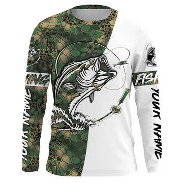 Maxcorners Largemouth Bass Fishing Custom Long Sleeve Shirts, Bass Tournament Fishing Jerseys | Green Camo LM0201