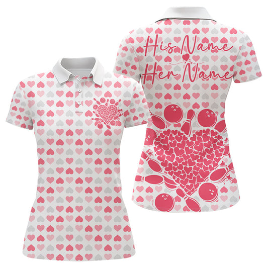 Maxcorners Custom White And Pink Heart Theme Valentine Bowling Polo Shirts For Men And Women Couple Outfit
