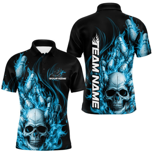 Maxcorners Custom Multi Styles Blue Flame Skull Halloween Bowling Team Shirts, Bowling Tournament Shirt Bowling Jersey LM1501